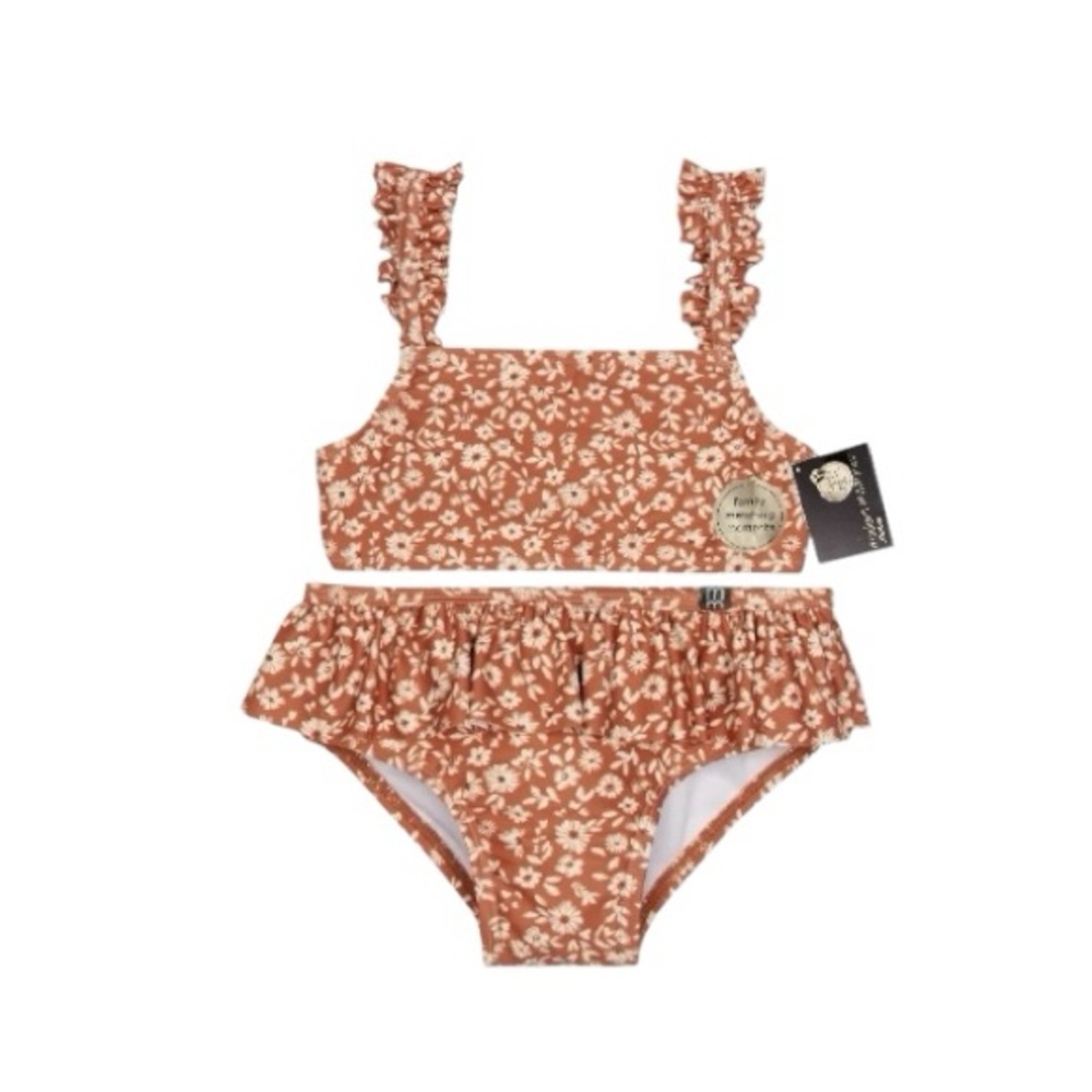 Gerber Modern Moments Brown and White Rashguard Swim Set with Ruffles